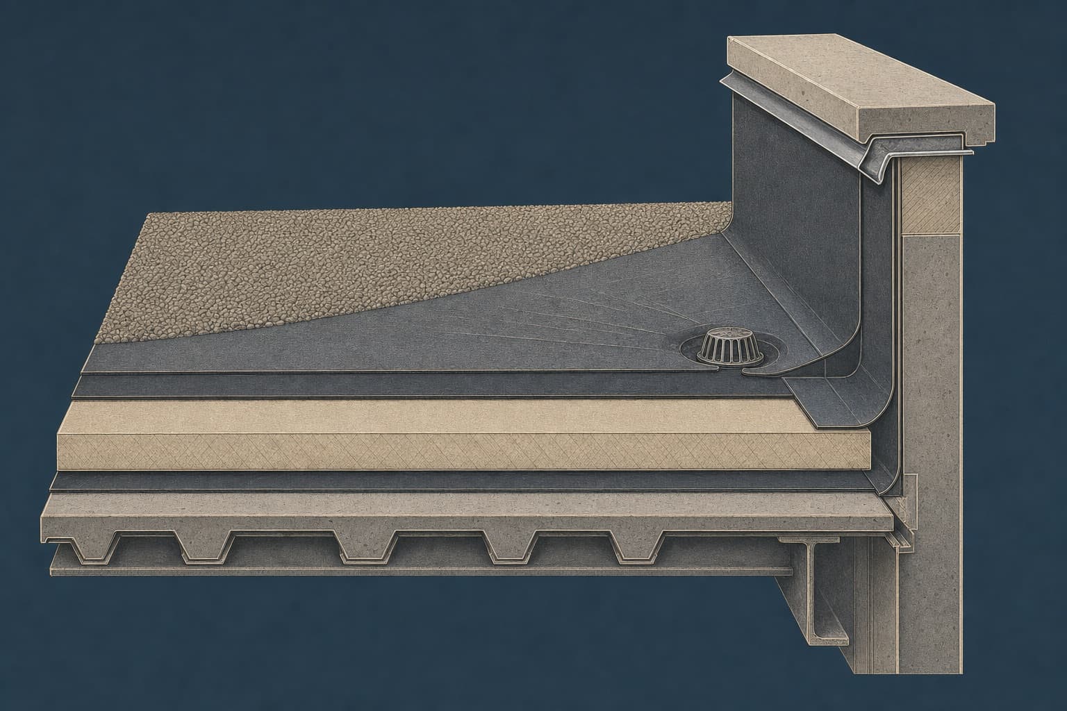 Coupe d’une toiture terrasse : support, pare-vapeur, isolant, membrane, protection, pente et relevé