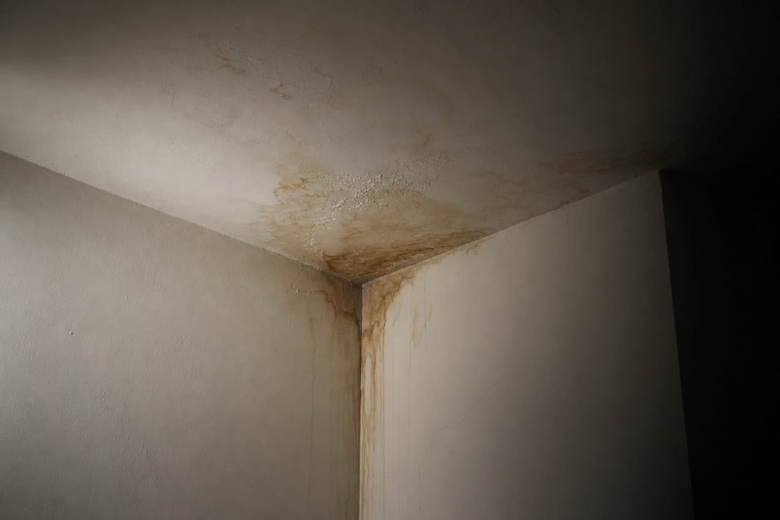 Un angle de plafond marqué par une auréole brune, la peinture légèrement cloquée