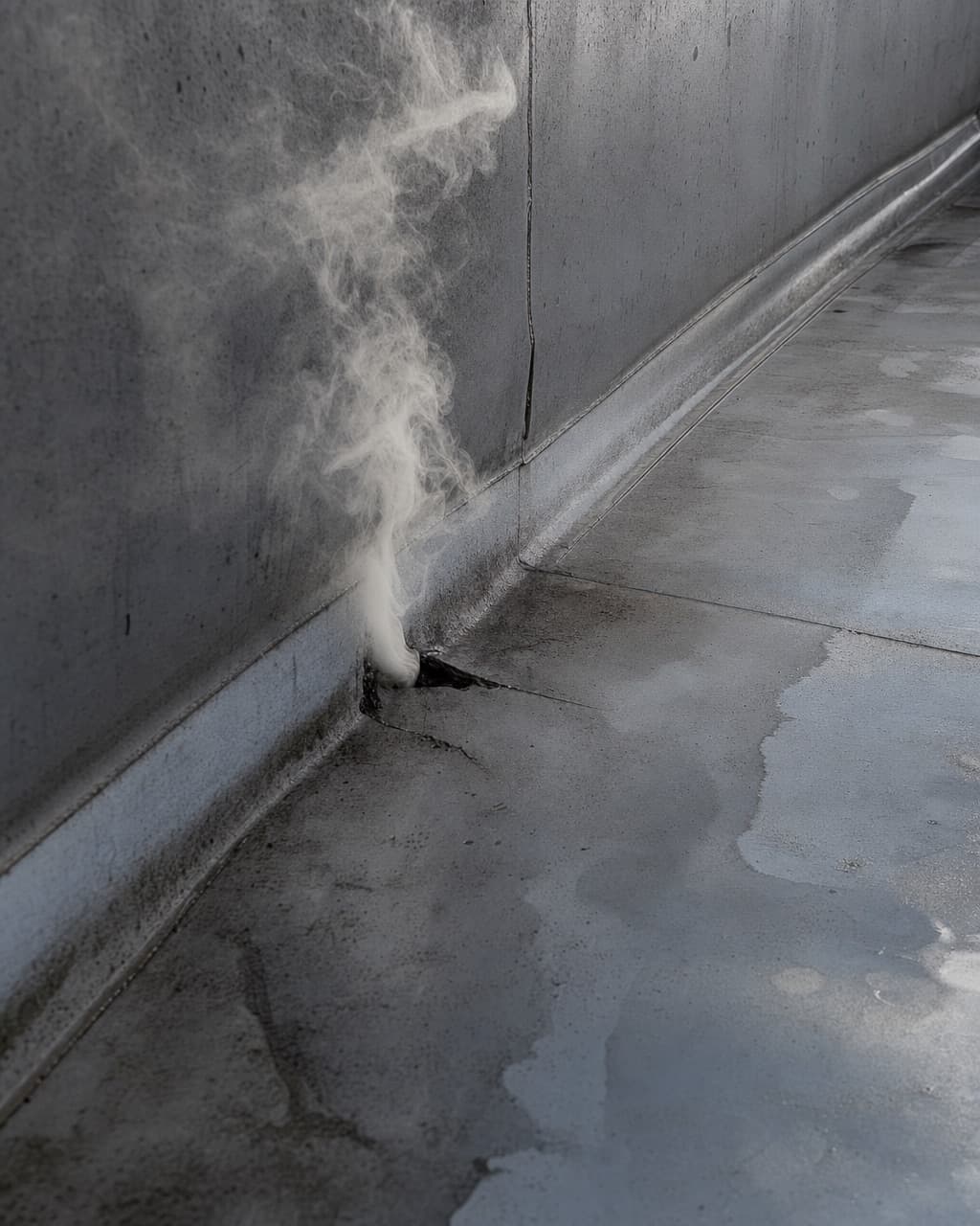 Un filet de fumée blanche sortant d’une fissure de relevé sur une toiture terrasse