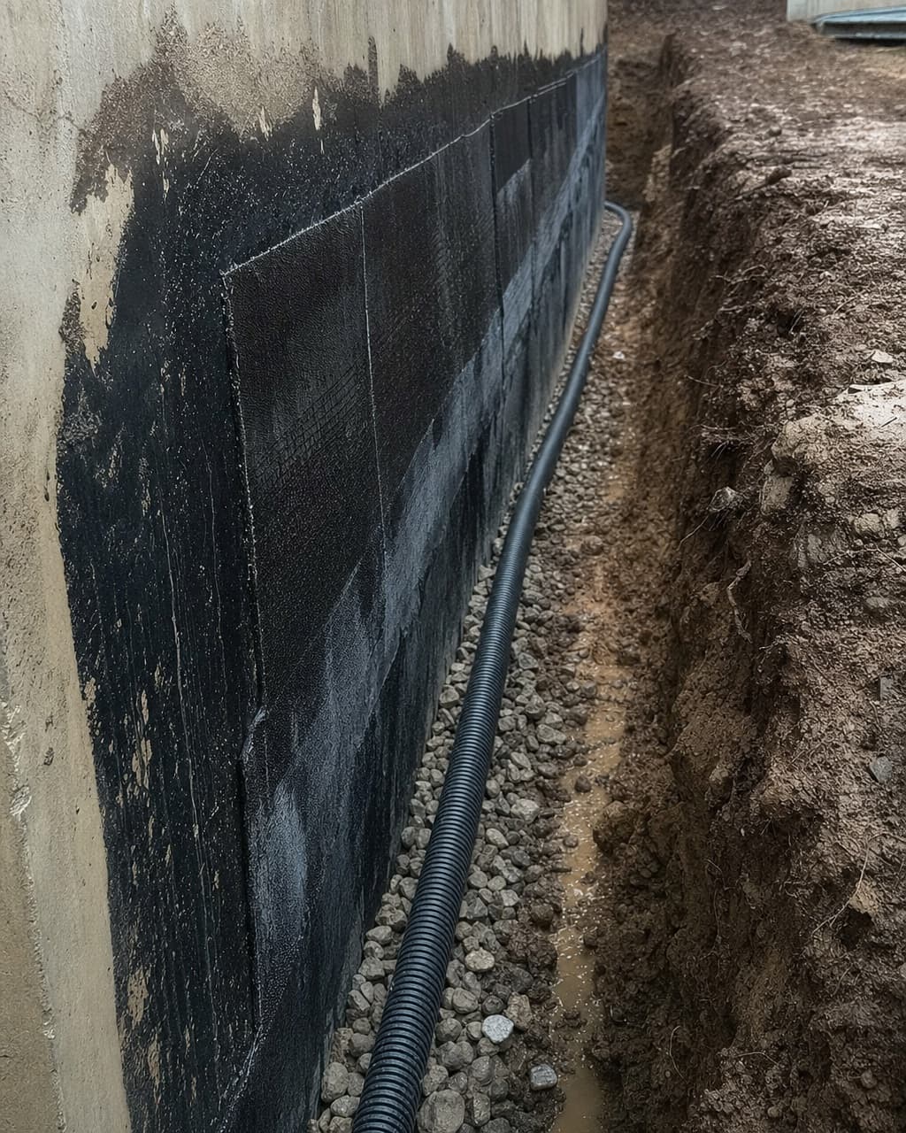 Un mur enterré dégagé par une tranchée, membrane d’étanchéité et drain en pied de mur sur lit de gravier