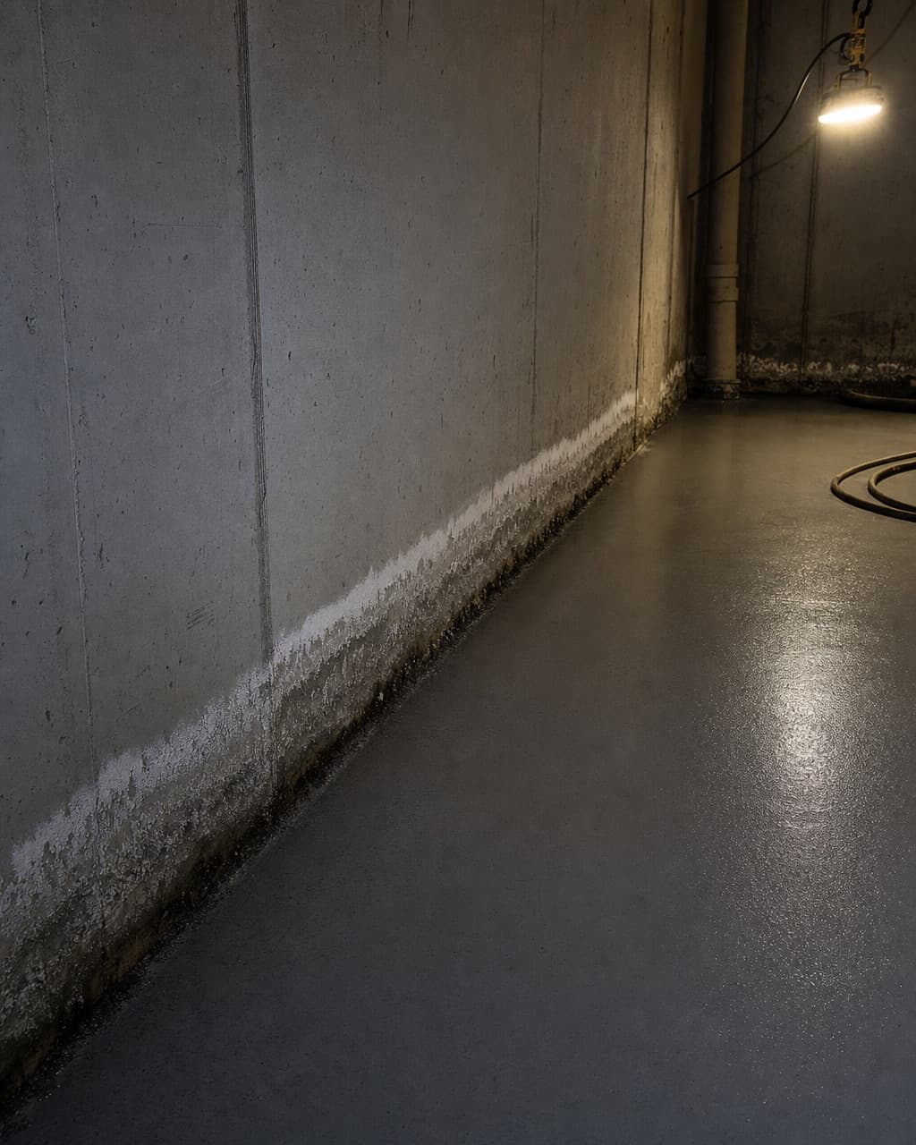 Une trace d’humidité en pied de mur béton dans un sous-sol, avec du salpêtre affleurant