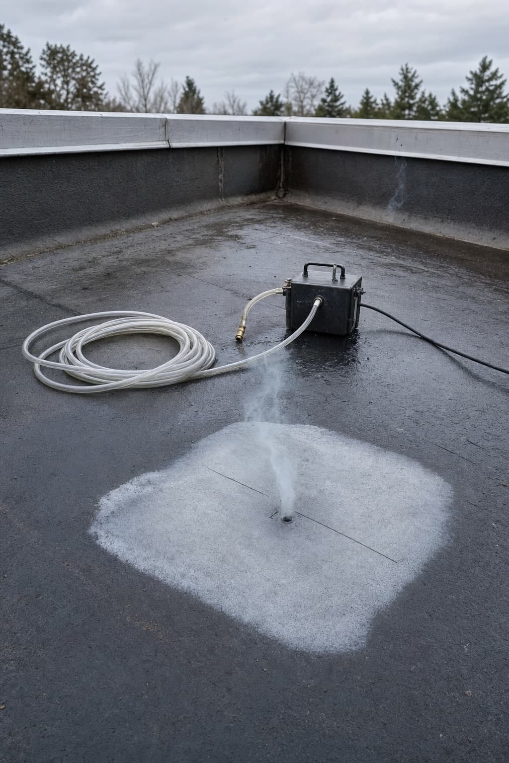 Une recherche de fuite en cours sur une toiture terrasse, tuyau enroulé et zone repérée sur la membrane
