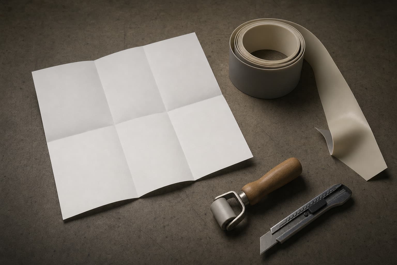 Une fiche technique vierge pliée, une chute de membrane, un rouleau à joints et un cutter sur un plan de travail