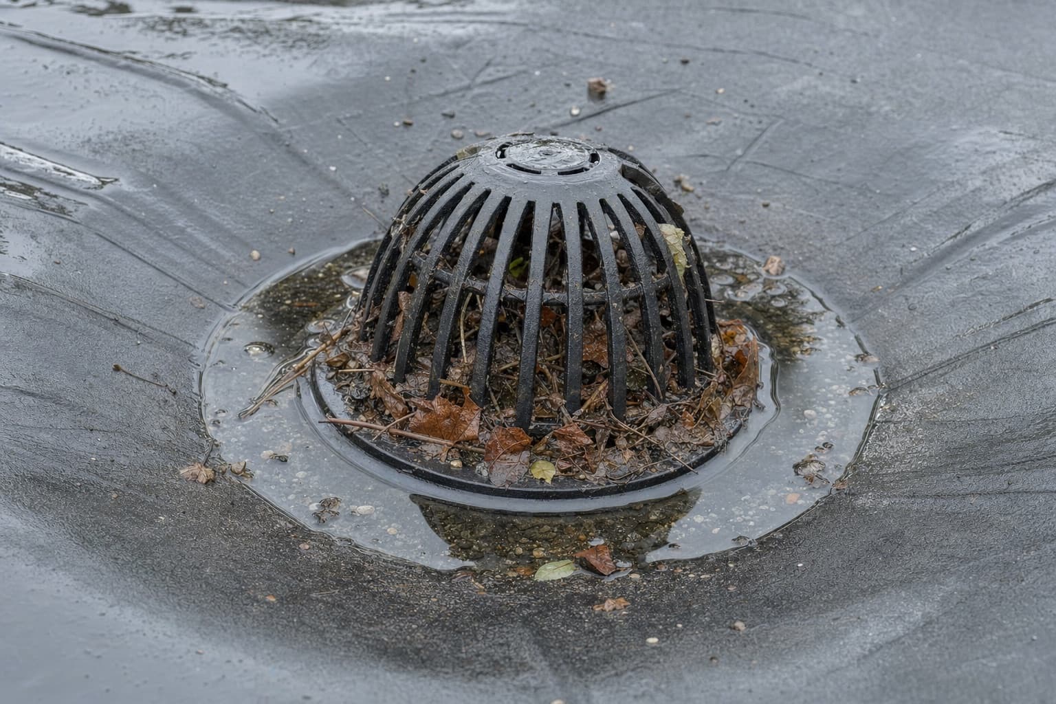 Une évacuation de toiture partiellement obstruée de feuilles, l’eau stagnant autour